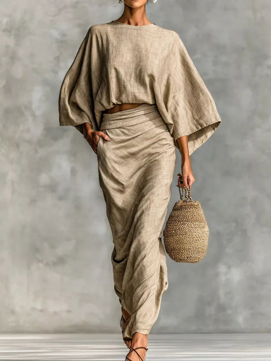 Full Size Kimono Sleeve Top and Ruched Skirt Set Plus Size See size chart under “more details”