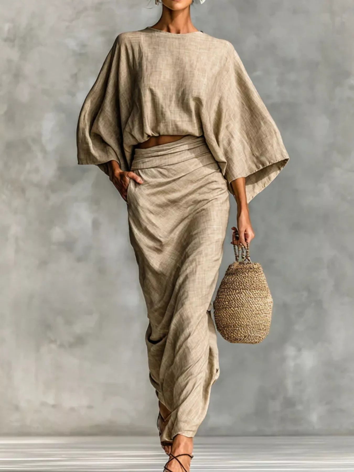 Full Size Kimono Sleeve Top and Ruched Skirt Set Plus Size See size chart under “more details”