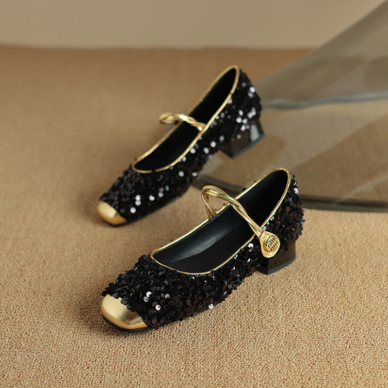 Women's Sequined Peep-Toe Mary Jane Shoes | Low Chunky Heel Buckle Dress Shoes