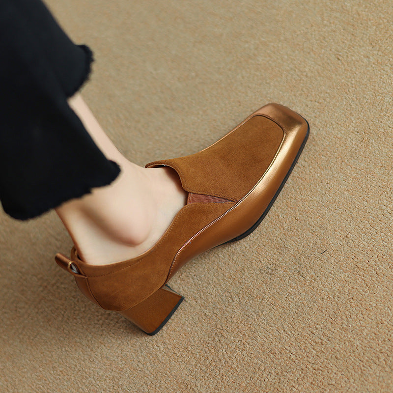 Women's Retro Square-Toe Chunky Heel Dress Shoes - Genuine Leather High Heels