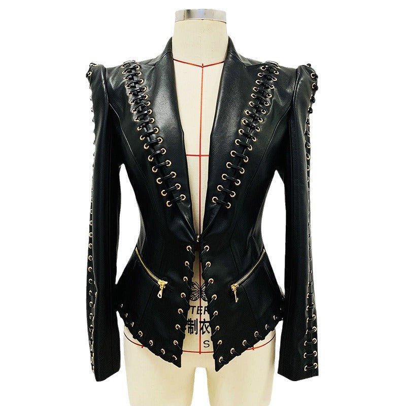 Fashion Heavy Industry Eyelet Rope Slim-fit Leather Coat Suit Jacket - Courbe et Compagnie