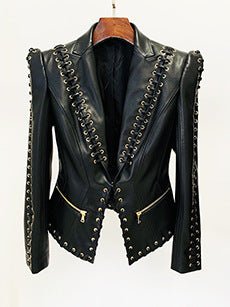 Fashion Heavy Industry Eyelet Rope Slim-fit Leather Coat Suit Jacket - Courbe et Compagnie