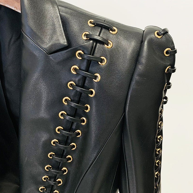 Fashion Heavy Industry Eyelet Rope Slim-fit Leather Coat Suit Jacket - Courbe et Compagnie
