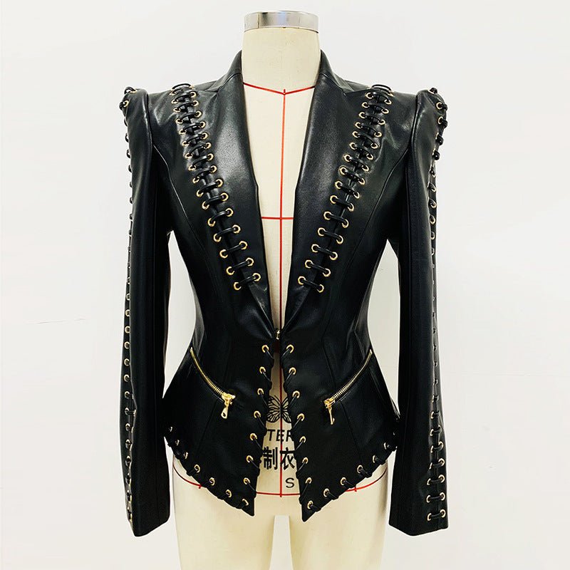 Fashion Heavy Industry Eyelet Rope Slim-fit Leather Coat Suit Jacket - Courbe et Compagnie