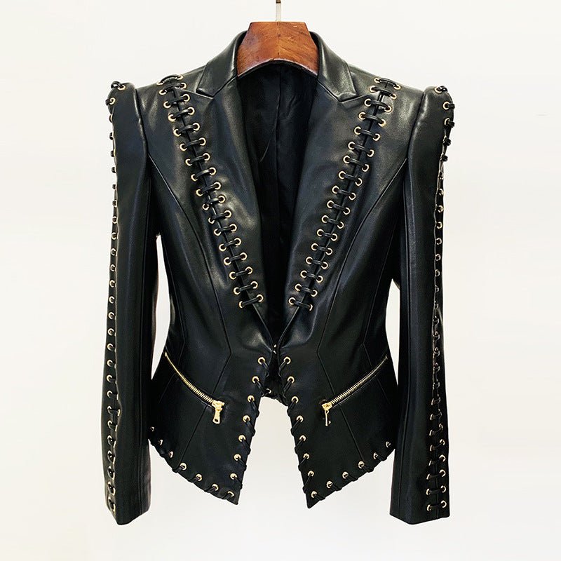 Fashion Heavy Industry Eyelet Rope Slim-fit Leather Coat Suit Jacket - Courbe et Compagnie