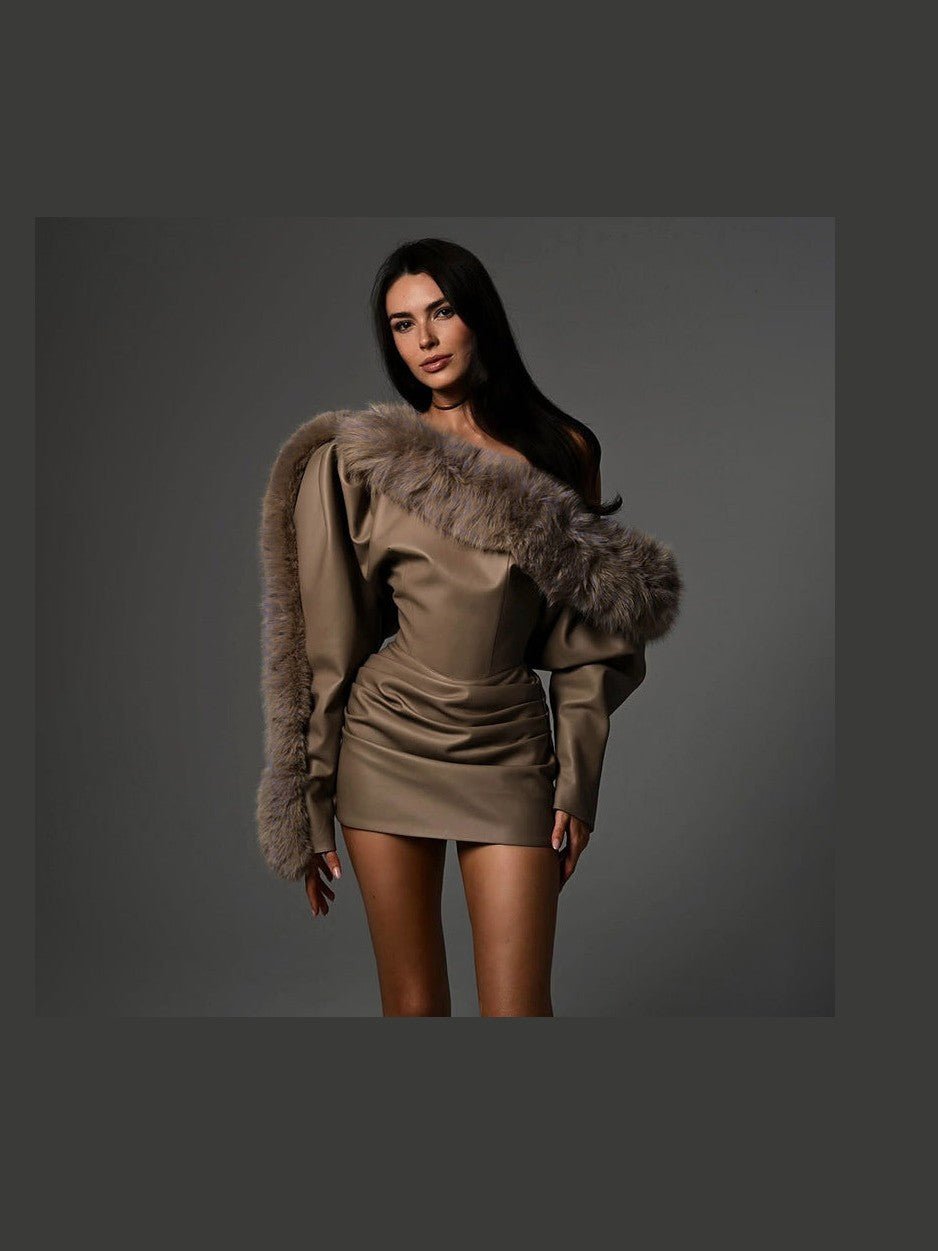 Faux Leather One Shoulder Bodycon Mini Dress — Brown - Courbe et Compagnie