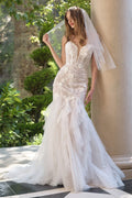 Fit & Flare Strapless Wedding Gown | 3D Floral Lace, Tiered Tulle & Veil - Courbe et Compagnie