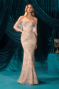 Fitted Crystal Beadwork Sequin Gown With Cold Shoulder Fringe - Courbe et Compagnie