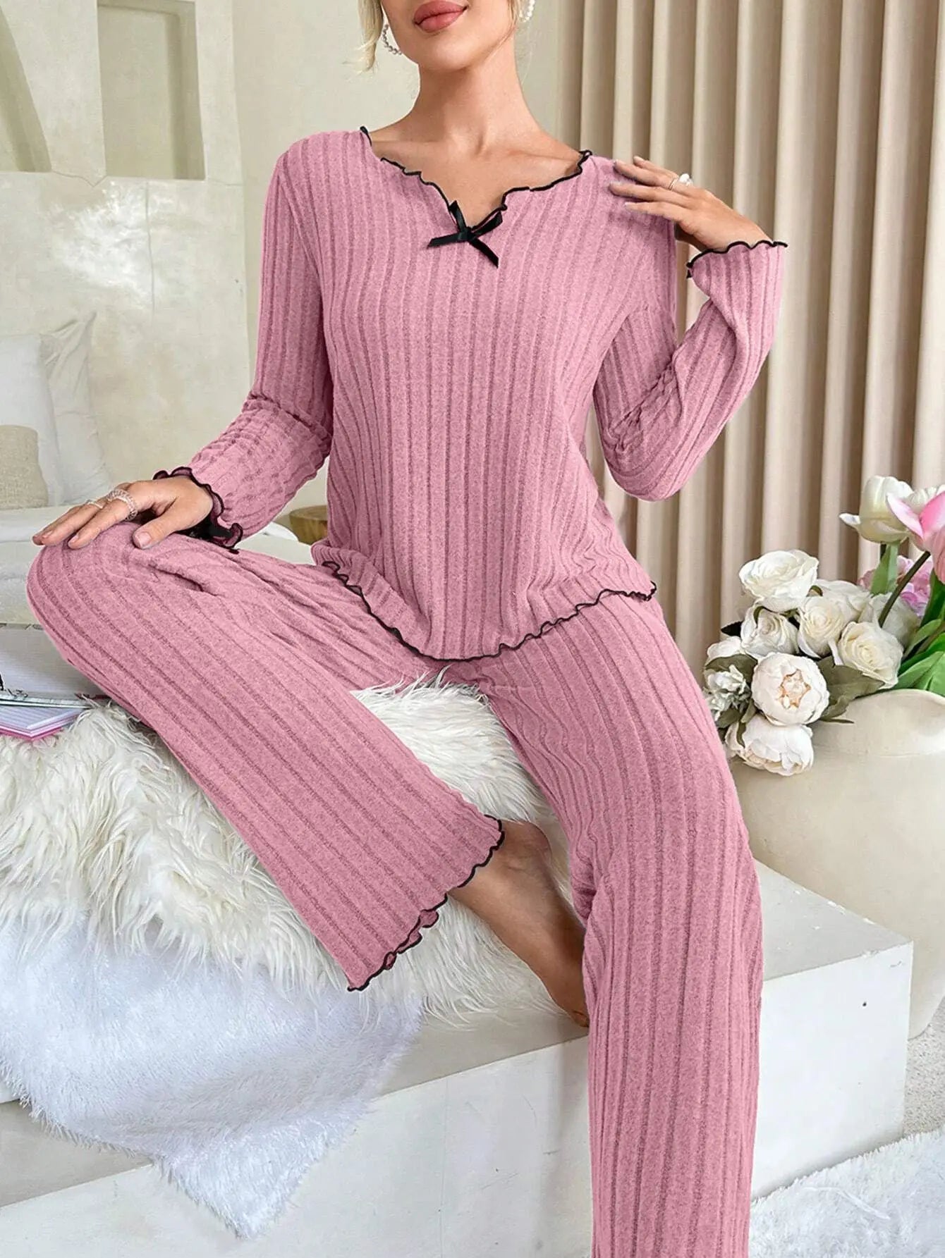 Flannel Warm Sleepwear Women Casual Pajamas Set Long Sleeve T-shirt Top and Trousers Set Homewear Autumn Winter Loungewear - Courbe et Compagnie
