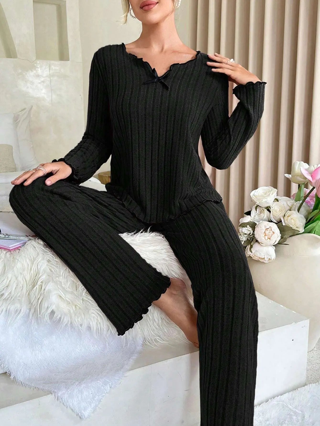 Flannel Warm Sleepwear Women Casual Pajamas Set Long Sleeve T-shirt Top and Trousers Set Homewear Autumn Winter Loungewear - Courbe et Compagnie