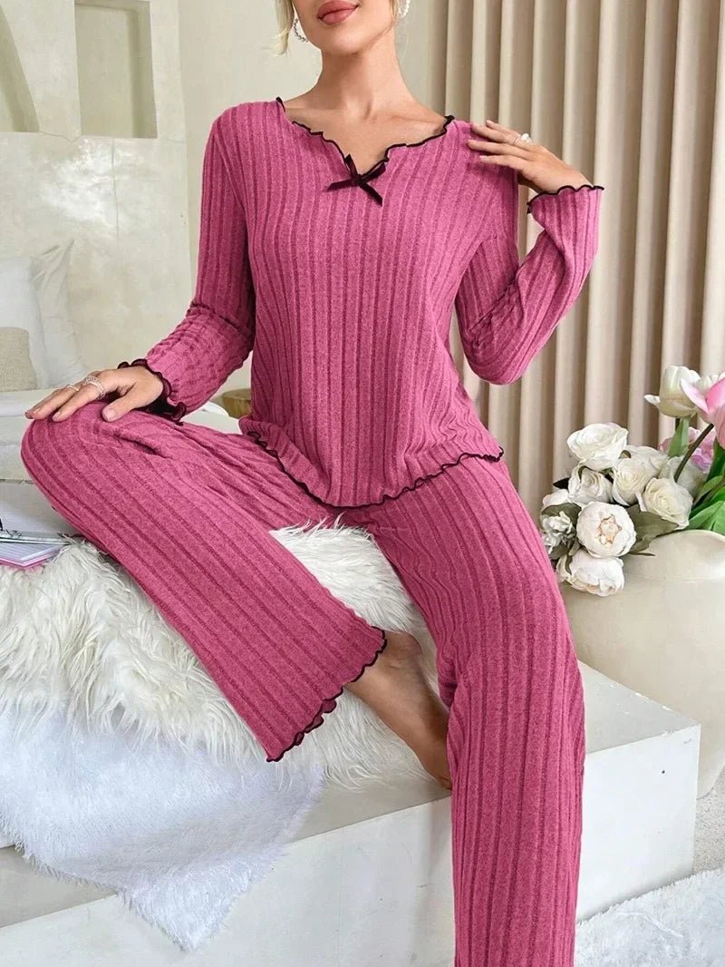 Flannel Warm Sleepwear Women Casual Pajamas Set Long Sleeve T-shirt Top and Trousers Set Homewear Autumn Winter Loungewear - Courbe et Compagnie