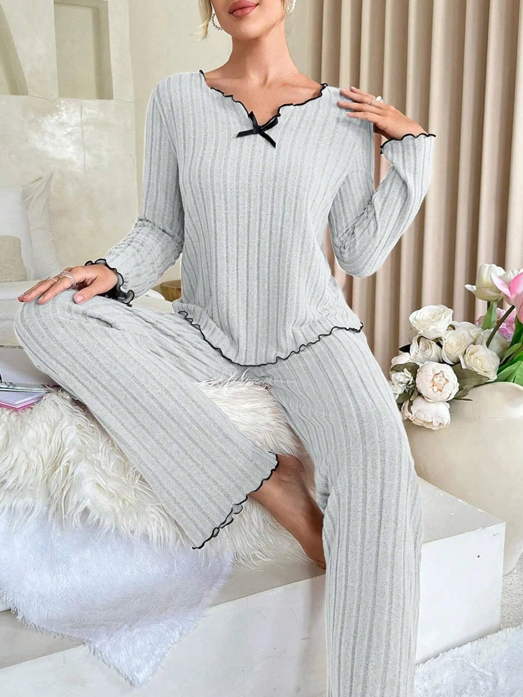 Flannel Warm Sleepwear Women Casual Pajamas Set Long Sleeve T-shirt Top and Trousers Set Homewear Autumn Winter Loungewear - Courbe et Compagnie