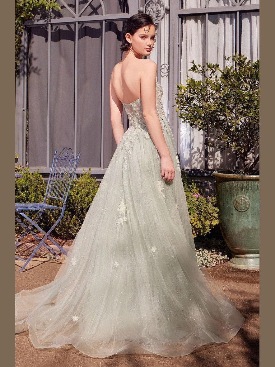 Floral Applique Embellished Long Prom Gown w/ Layered Skirt & Corset Bodice CDA1418 - Courbe et Compagnie