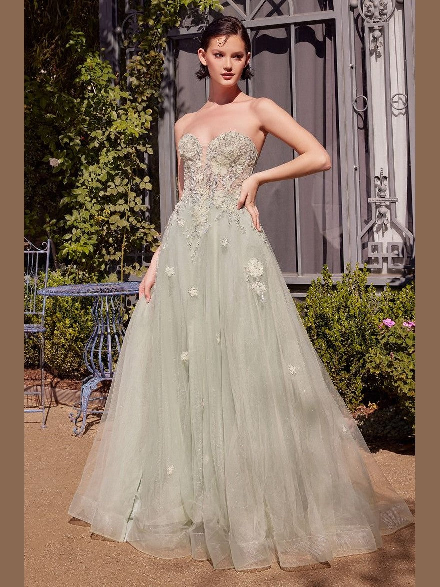 Floral Applique Embellished Long Prom Gown w/ Layered Skirt & Corset Bodice CDA1418 - Courbe et Compagnie