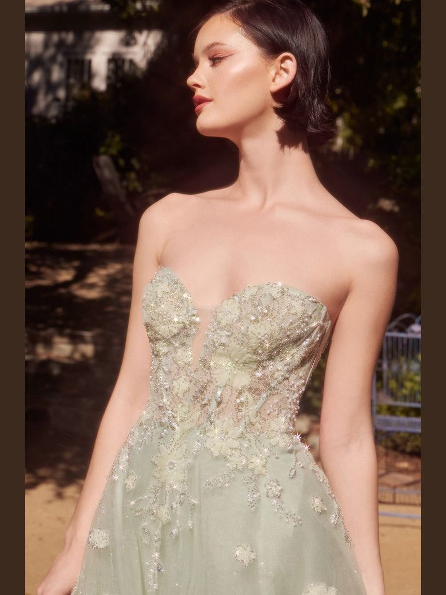 Floral Applique Embellished Long Prom Gown w/ Layered Skirt & Corset Bodice CDA1418 - Courbe et Compagnie