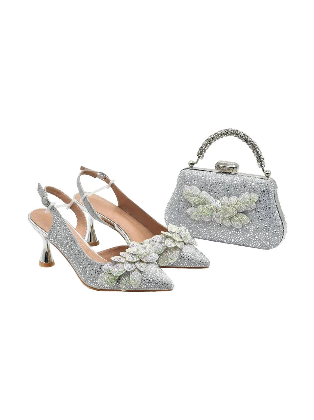 Floral Appliqué Slingback & Beaded Clutch Set - Courbe et Compagnie