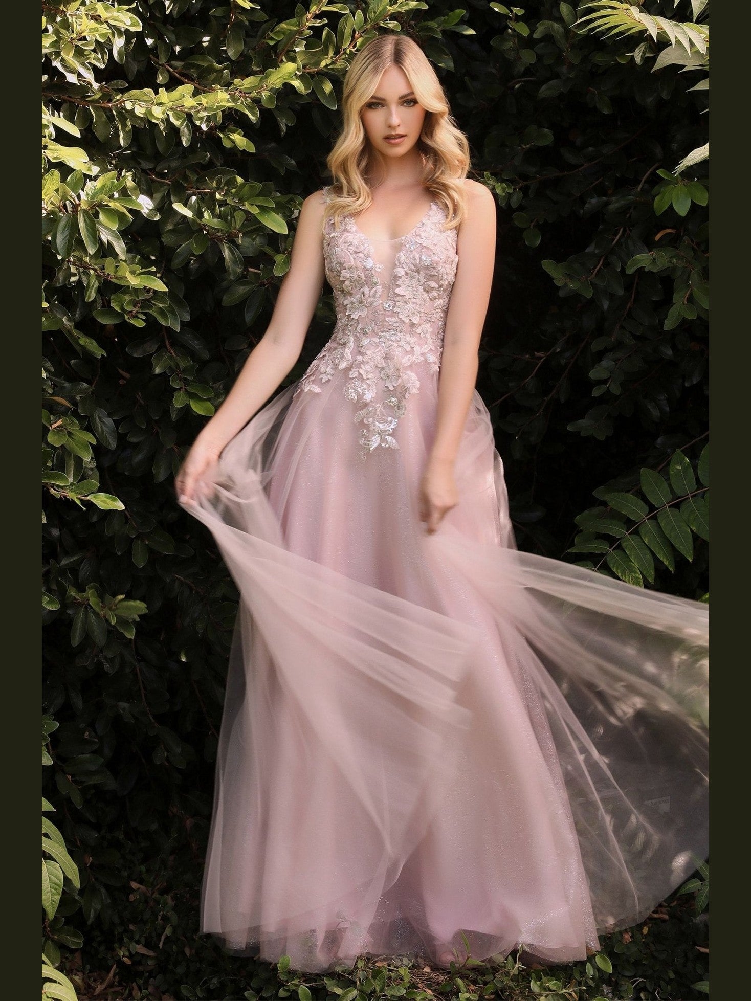 Floral Appliqué Tulle A-Line Princess Gown - Courbe et Compagnie
