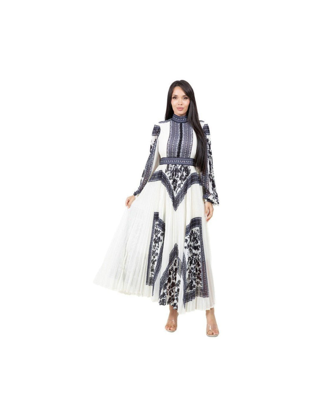 Floral Multi Print Maxi Dress With Round Neck Long Sleeves Back Invisible Zipper - Courbe et Compagnie