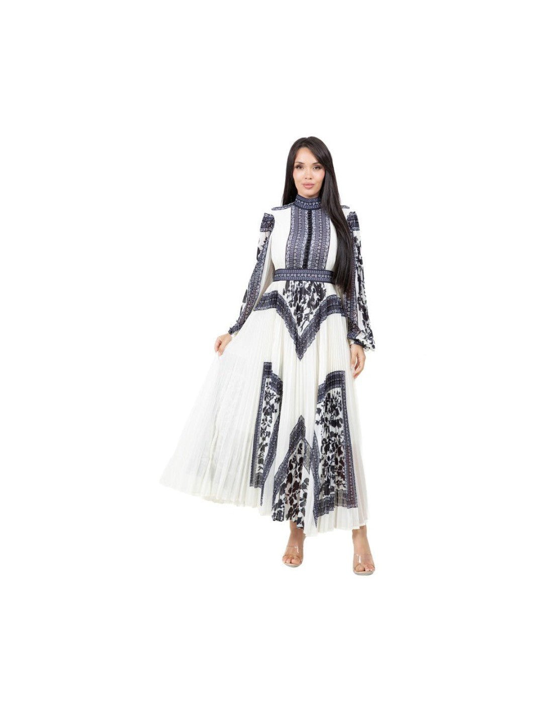 Floral Multi Print Maxi Dress With Round Neck Long Sleeves Back Invisible Zipper - Courbe et Compagnie