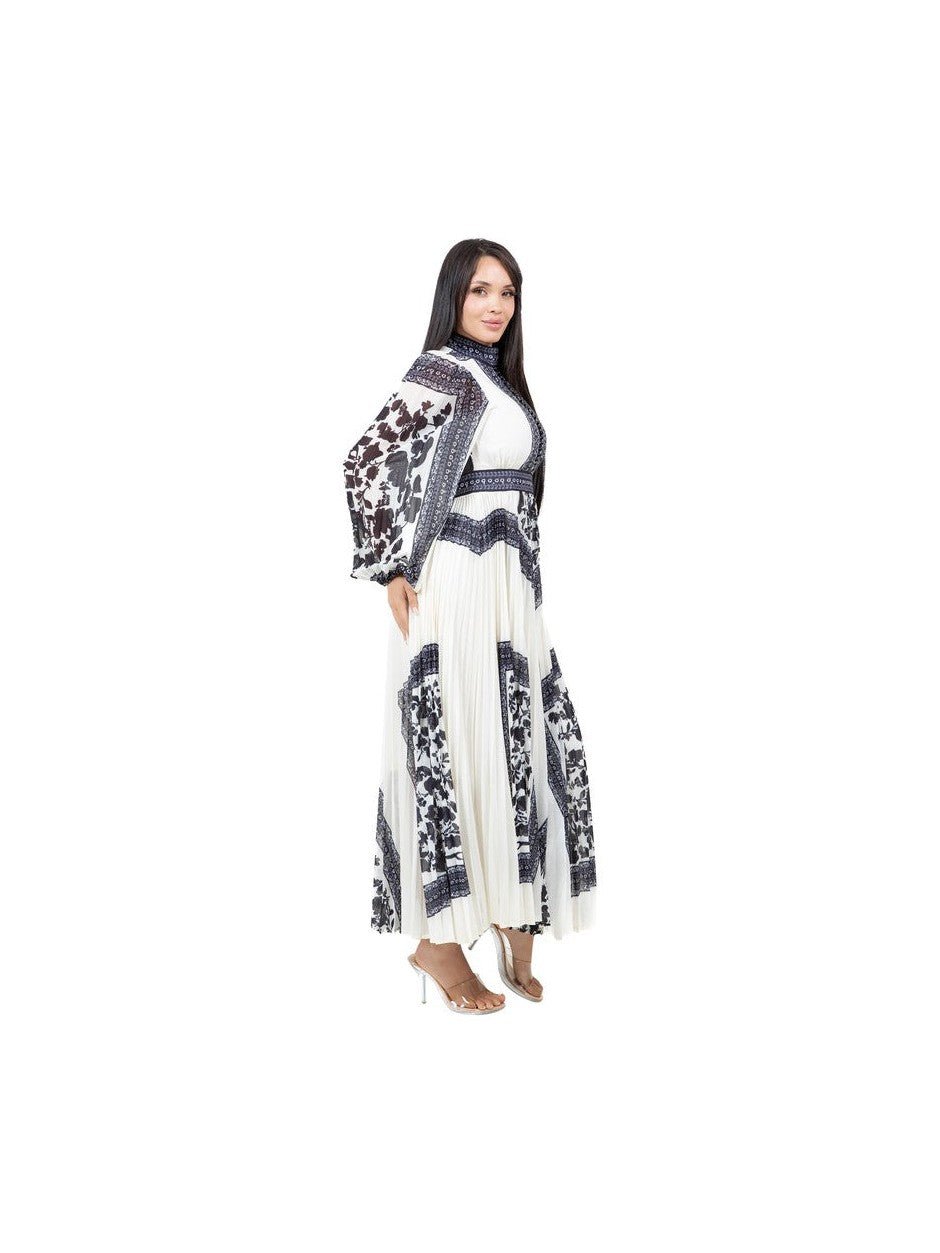 Floral Multi Print Maxi Dress With Round Neck Long Sleeves Back Invisible Zipper - Courbe et Compagnie