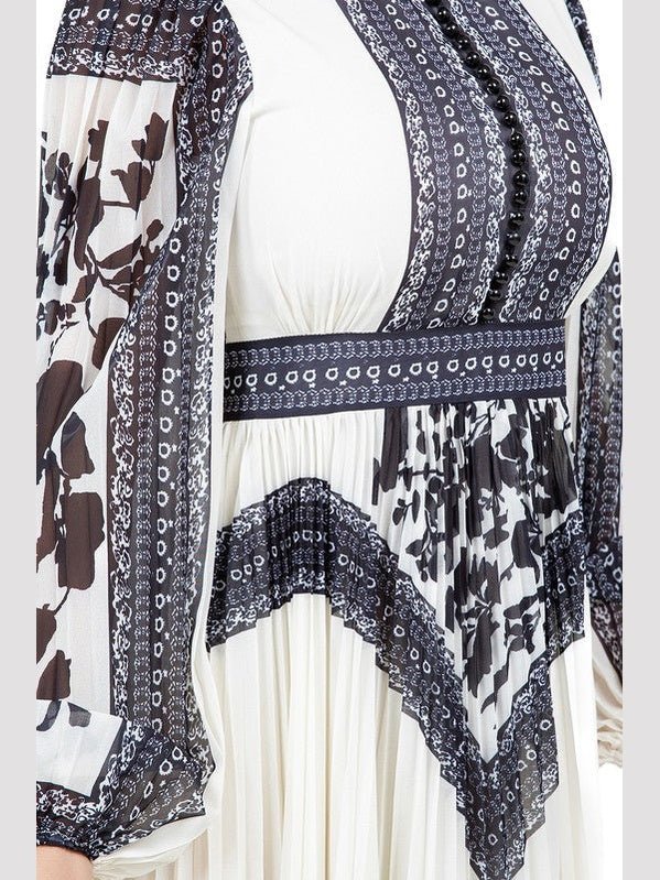 Floral Multi Print Maxi Dress With Round Neck Long Sleeves Back Invisible Zipper - Courbe et Compagnie