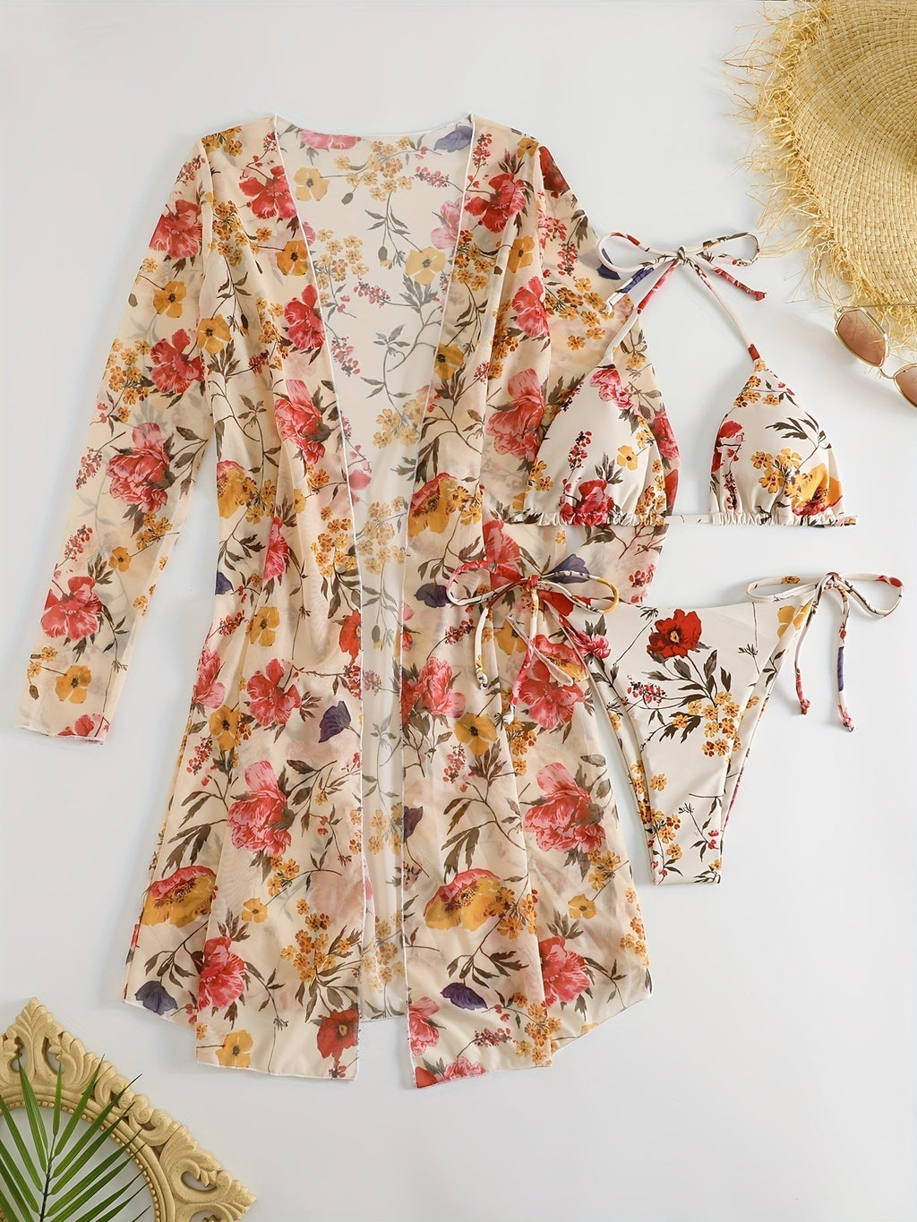 Floral Print 3-Piece Bikini Set with Cover-Up - Courbe et Compagnie