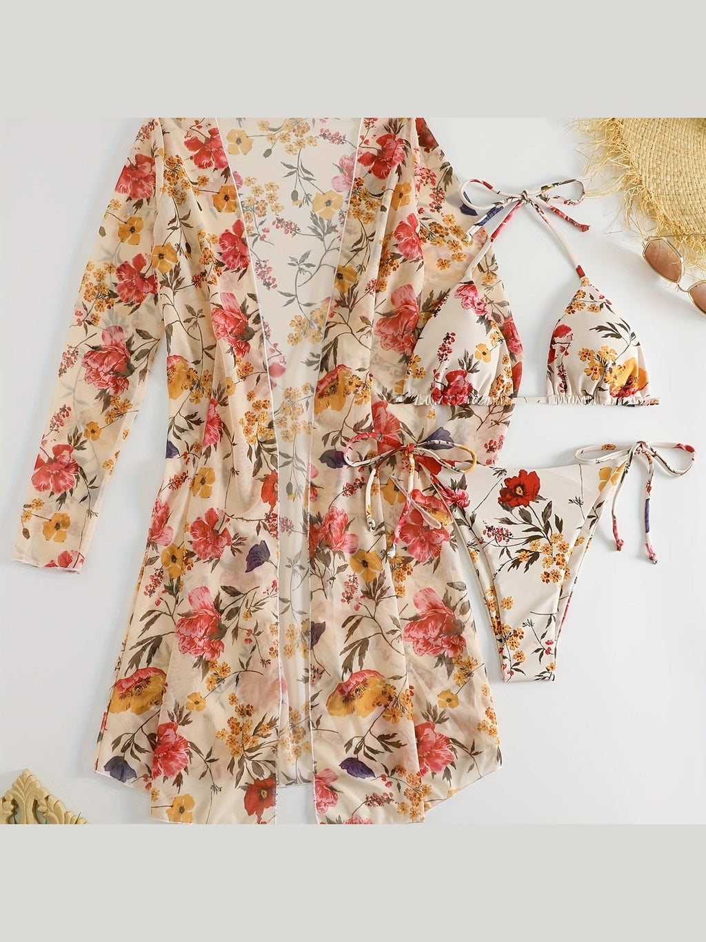 Floral Print 3-Piece Bikini Set with Cover-Up - Courbe et Compagnie