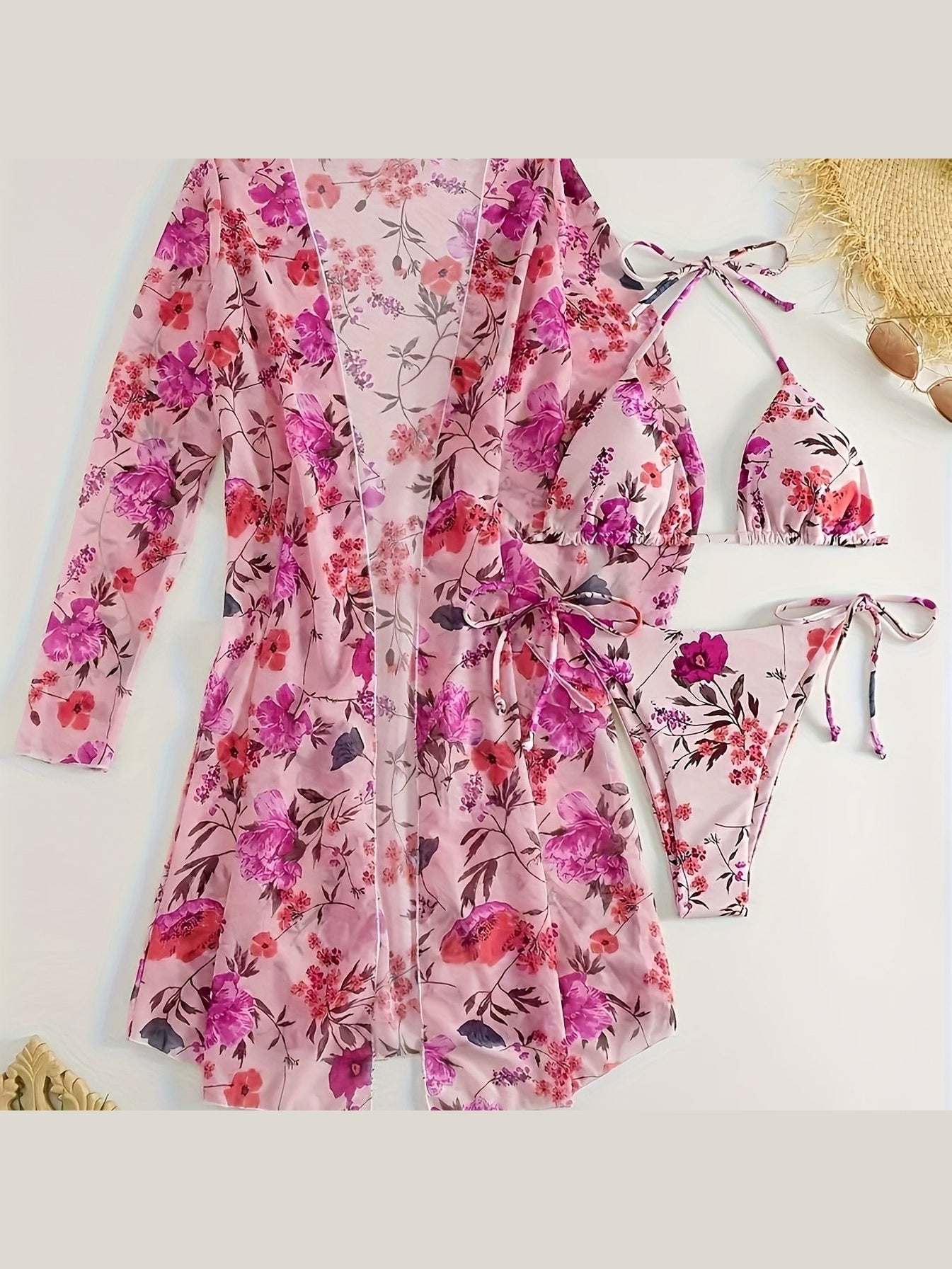 Floral Print 3-Piece Bikini Set with Cover-Up - Courbe et Compagnie