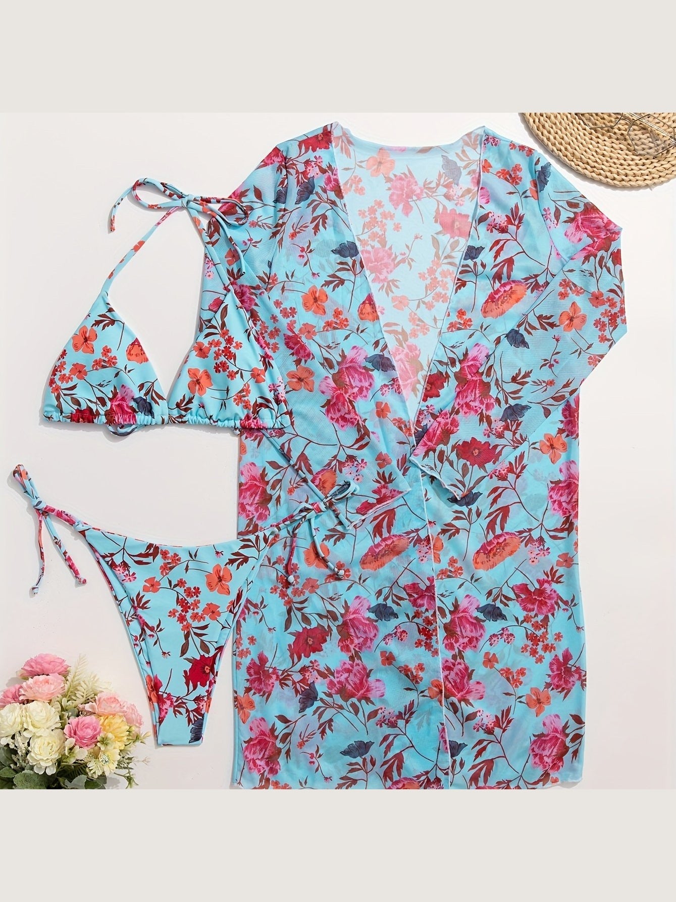 Floral Print 3-Piece Bikini Set with Cover-Up - Courbe et Compagnie
