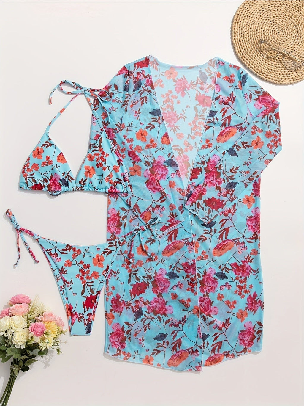 Floral Print 3-Piece Bikini Set with Cover-Up - Courbe et Compagnie