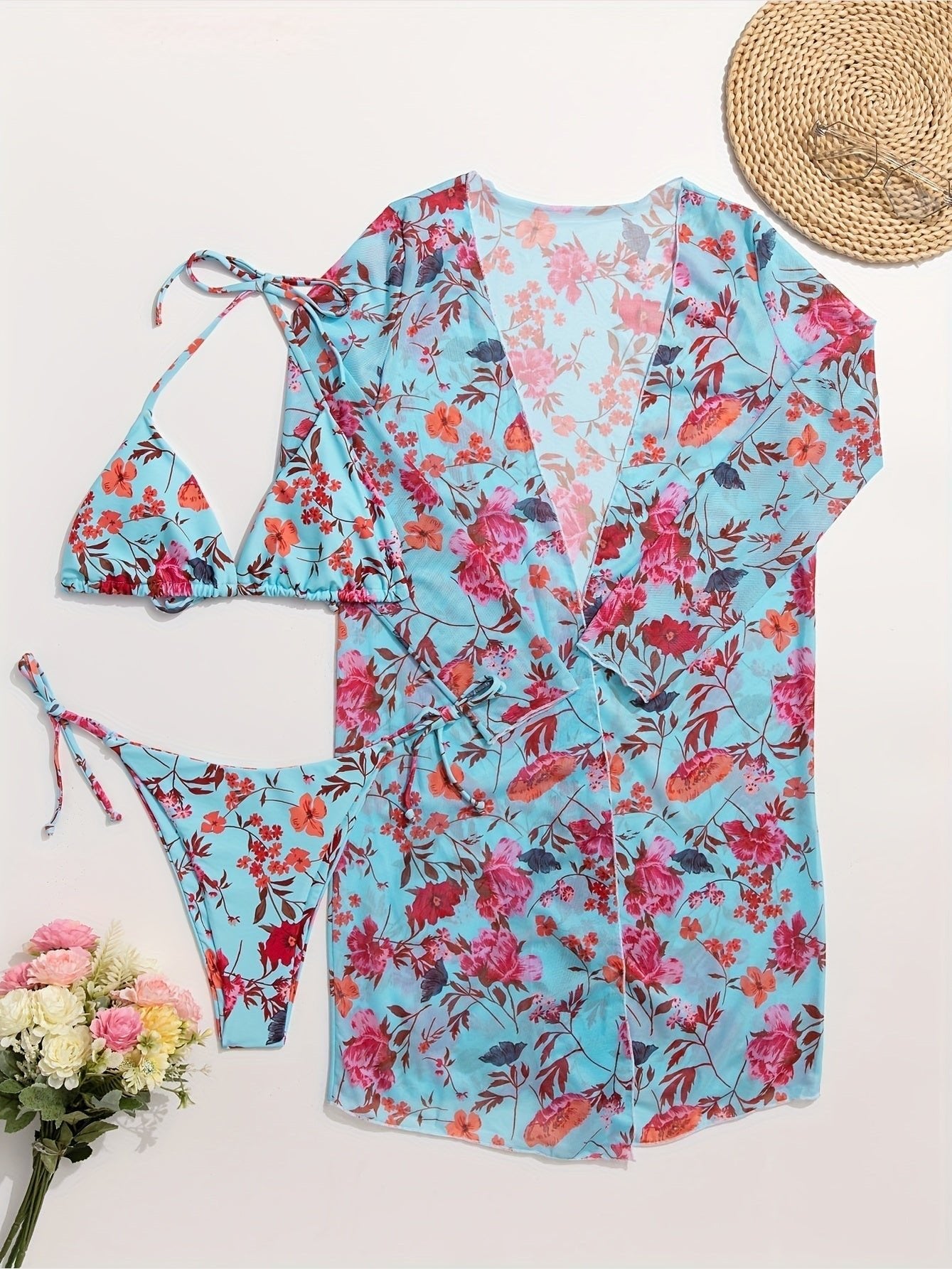 Floral Print 3-Piece Bikini Set with Cover-Up - Courbe et Compagnie