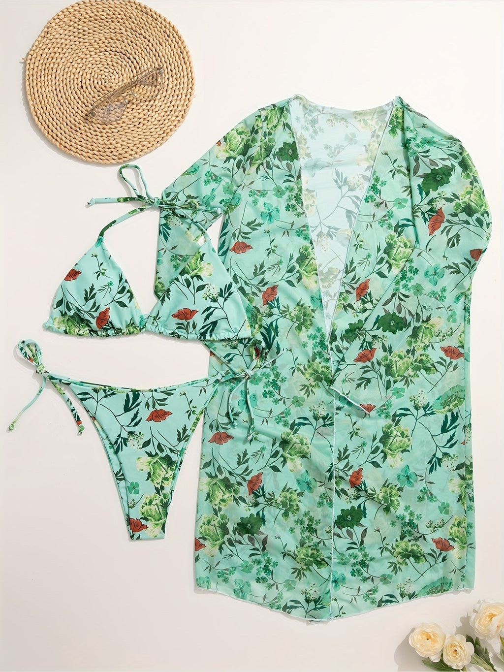 Floral Print 3-Piece Bikini Set with Cover-Up - Courbe et Compagnie