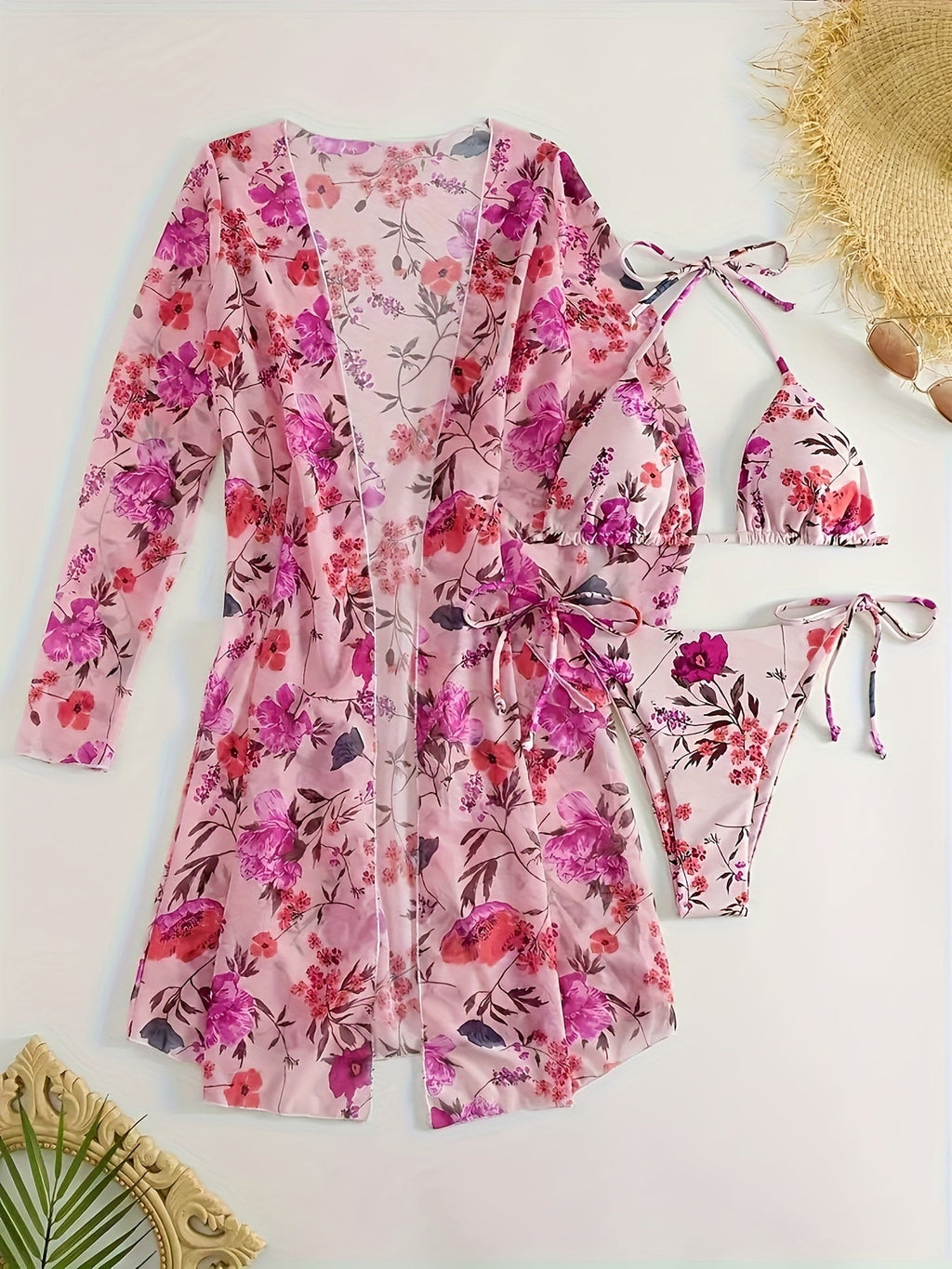 Floral Print 3-Piece Bikini Set with Cover-Up - Courbe et Compagnie