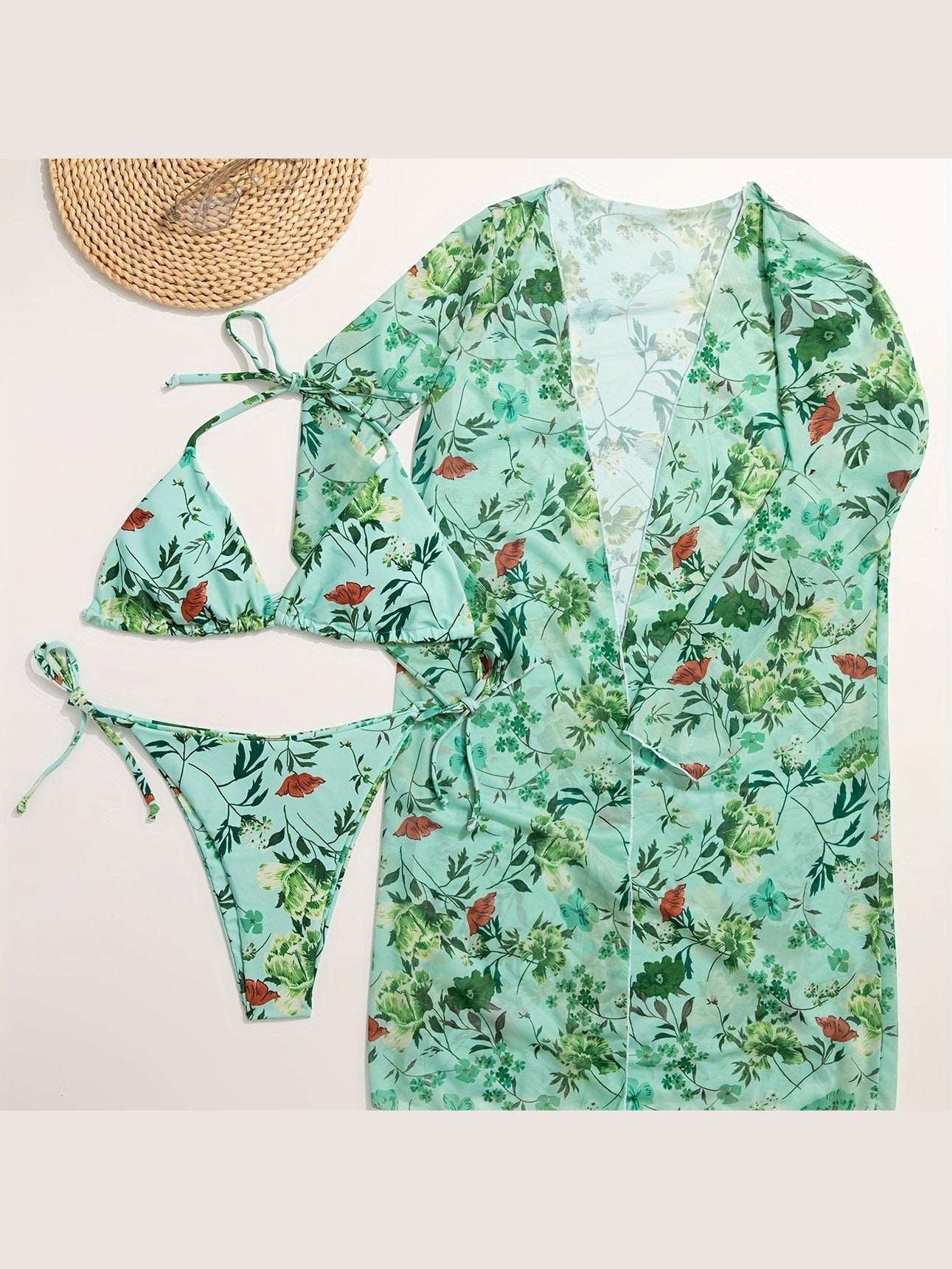 Floral Print 3-Piece Bikini Set with Cover-Up - Courbe et Compagnie