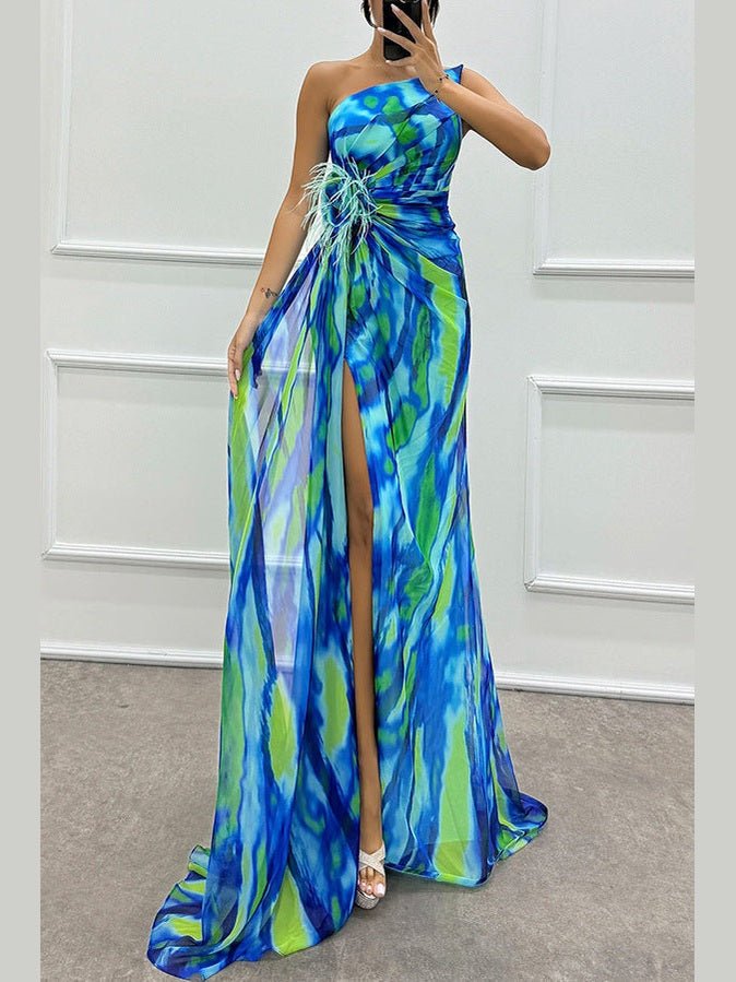 Floral Print One-Shoulder Maxi Dress with Slit - Courbe et Compagnie