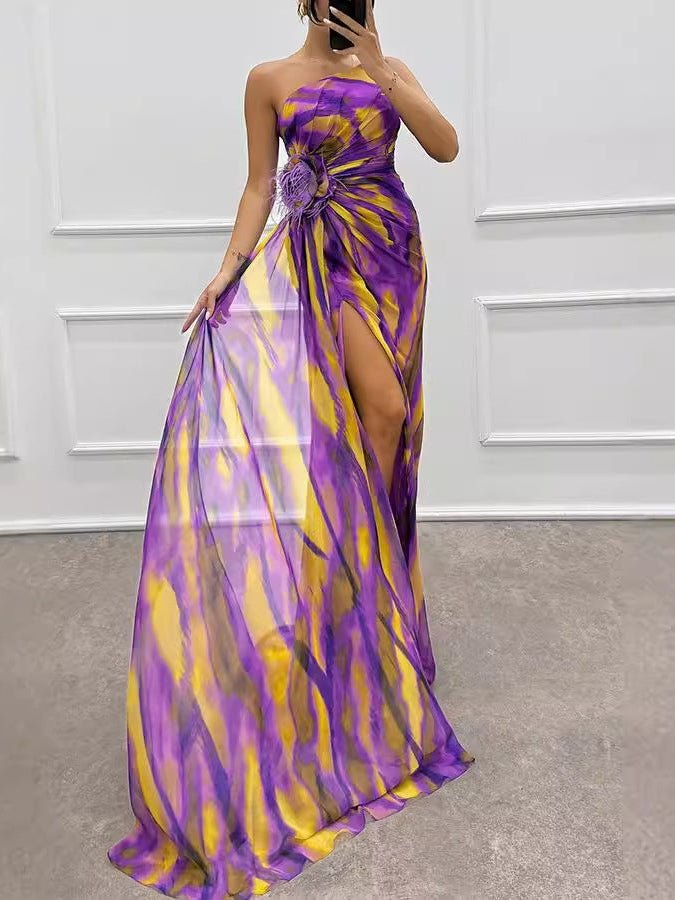 Floral Print One-Shoulder Maxi Dress with Slit - Courbe et Compagnie