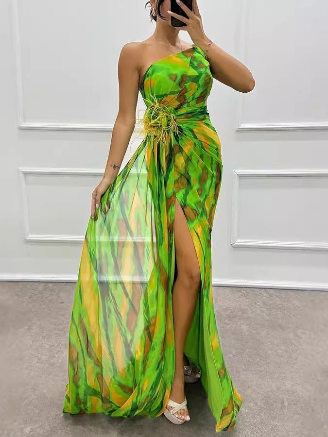 Floral Print One-Shoulder Maxi Dress with Slit - Courbe et Compagnie