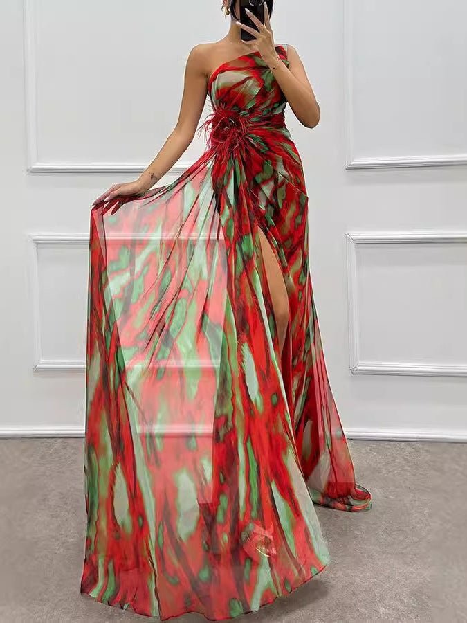 Floral Print One-Shoulder Maxi Dress with Slit - Courbe et Compagnie
