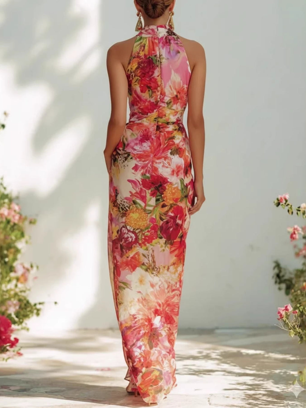 Floral Strapless Chiffon Maxi Dress – Elegant High-Waist A-Line Long Dress for Women - Courbe et Compagnie