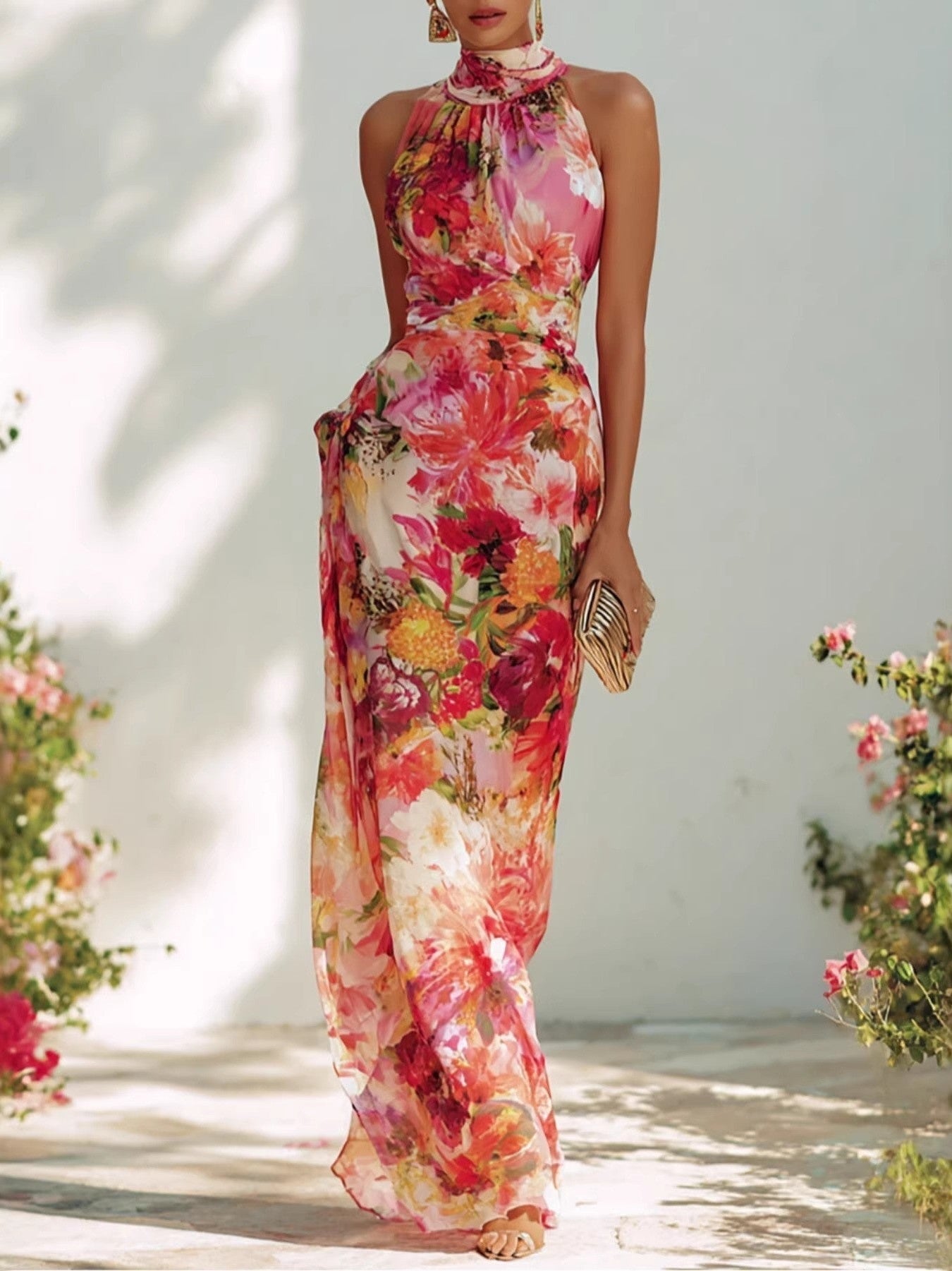 Floral Strapless Chiffon Maxi Dress – Elegant High-Waist A-Line Long Dress for Women - Courbe et Compagnie