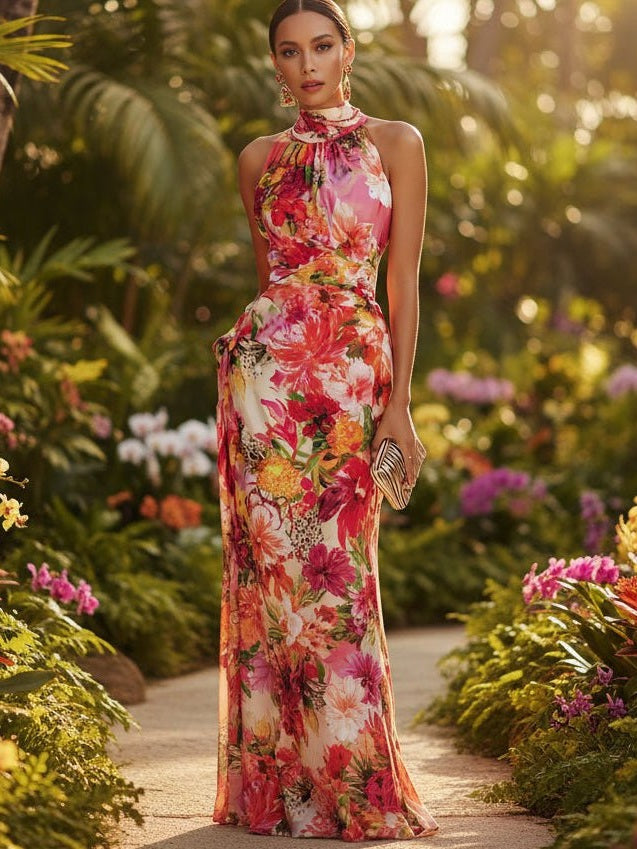 Floral Strapless Chiffon Maxi Dress – Elegant High-Waist A-Line Long Dress for Women - Courbe et Compagnie