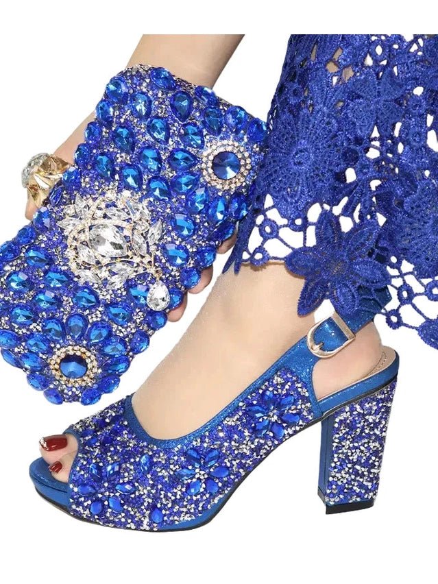 Full Crystal Block Heel Peep-Toe & Clutch Set - Courbe et Compagnie