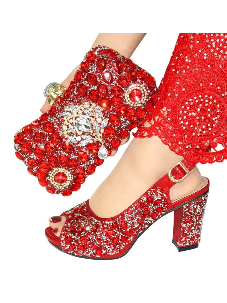 Full Crystal Block Heel Peep-Toe & Clutch Set - Courbe et Compagnie