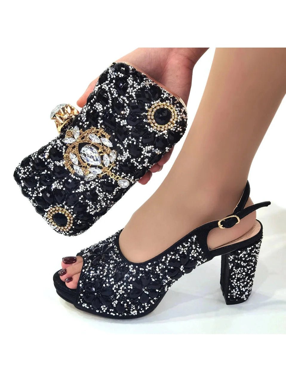 Full Crystal Block Heel Peep-Toe & Clutch Set - Courbe et Compagnie