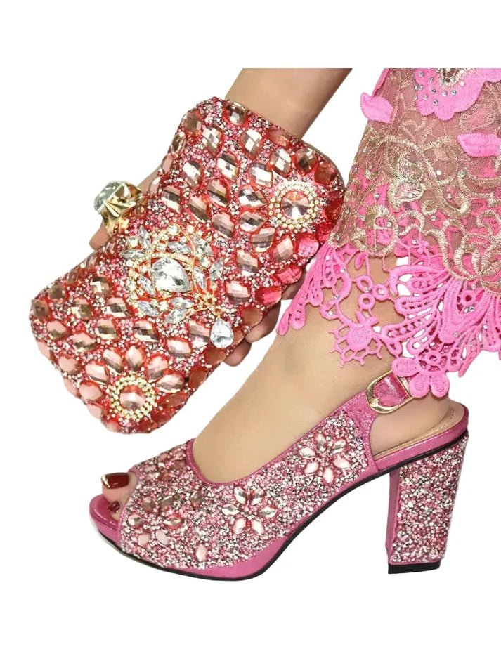 Full Crystal Block Heel Peep-Toe & Clutch Set - Courbe et Compagnie