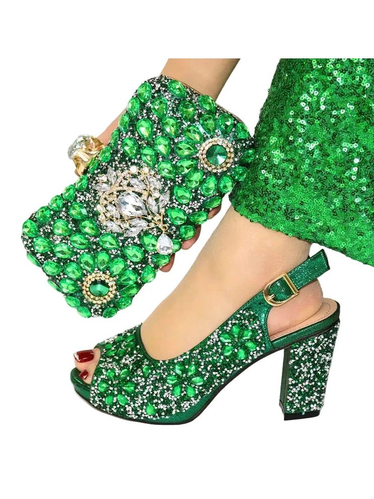 Full Crystal Block Heel Peep-Toe & Clutch Set - Courbe et Compagnie