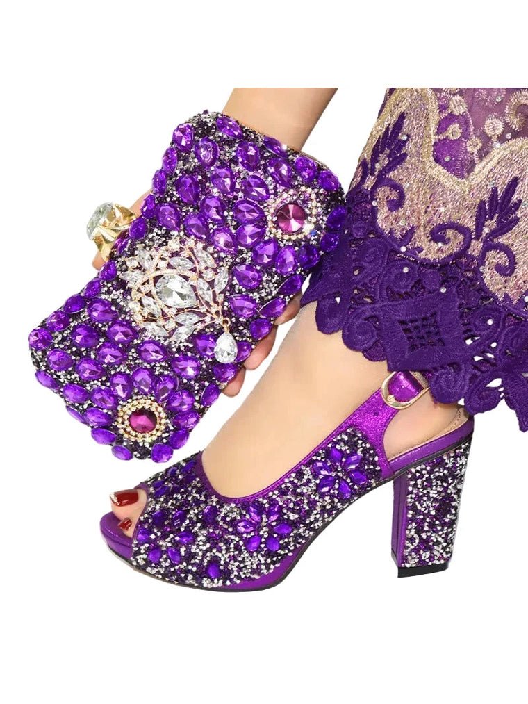 Full Crystal Block Heel Peep-Toe & Clutch Set - Courbe et Compagnie