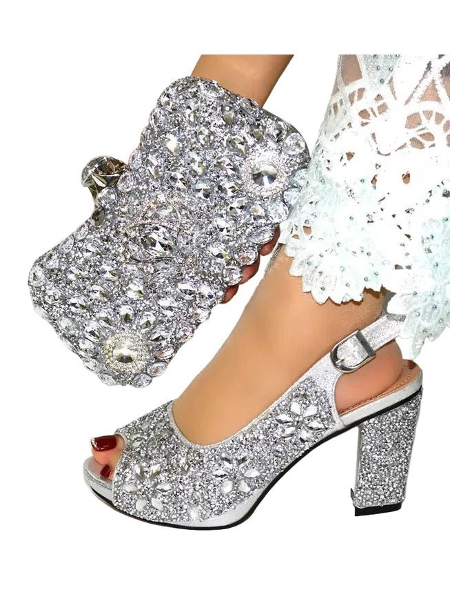 Full Crystal Block Heel Peep-Toe & Clutch Set - Courbe et Compagnie