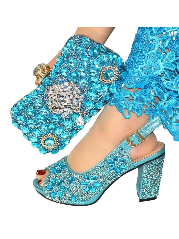 Full Crystal Block Heel Peep-Toe & Clutch Set - Courbe et Compagnie