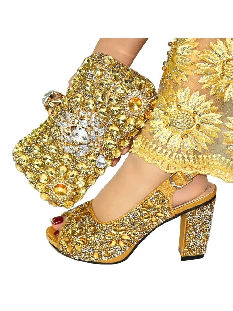Full Crystal Block Heel Peep-Toe & Clutch Set - Courbe et Compagnie